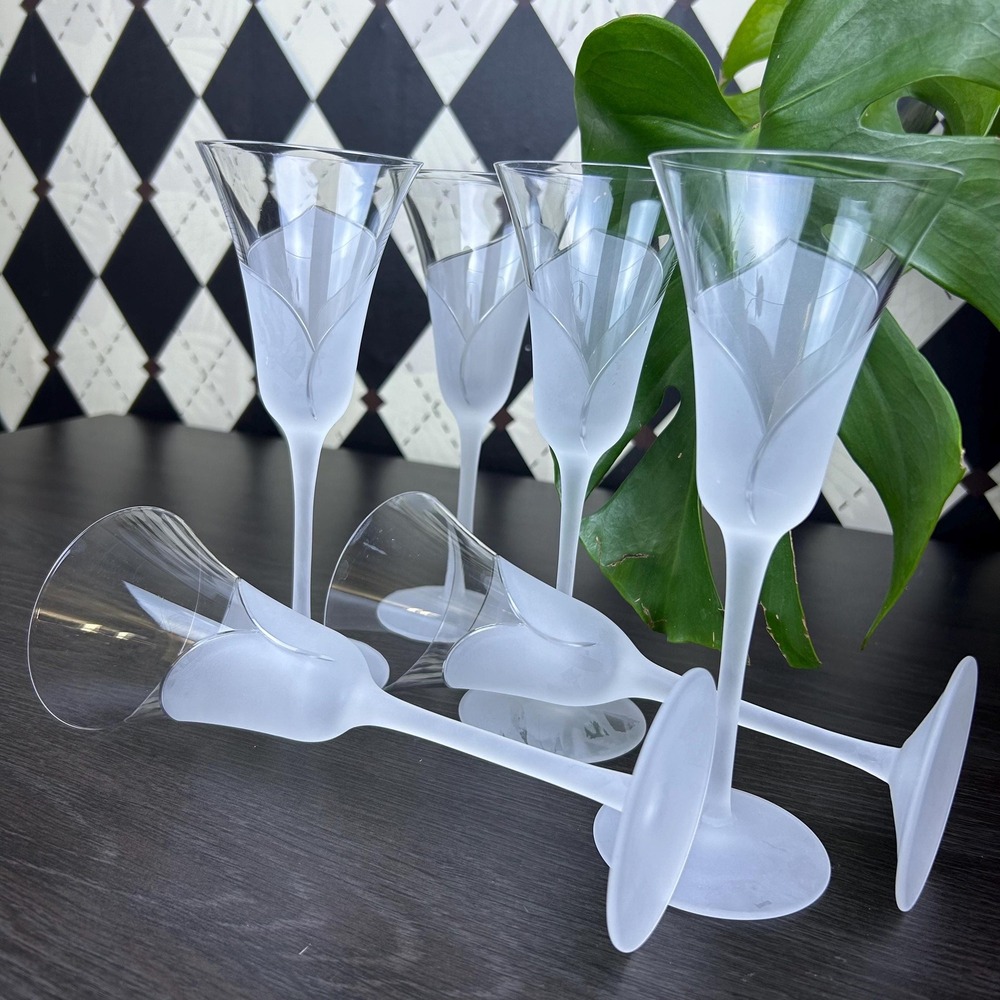 Vintage Sasaki Hana Flutes Frosted Floral Stem Champagne Glasses Set 6 Celestial - Picture 12 of 17